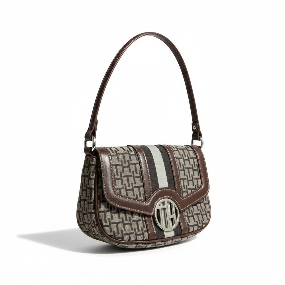 Tommy Hilfiger Brown Monogram Small Shoulder Bag Clutch Canvas Logo Purse 8.5"